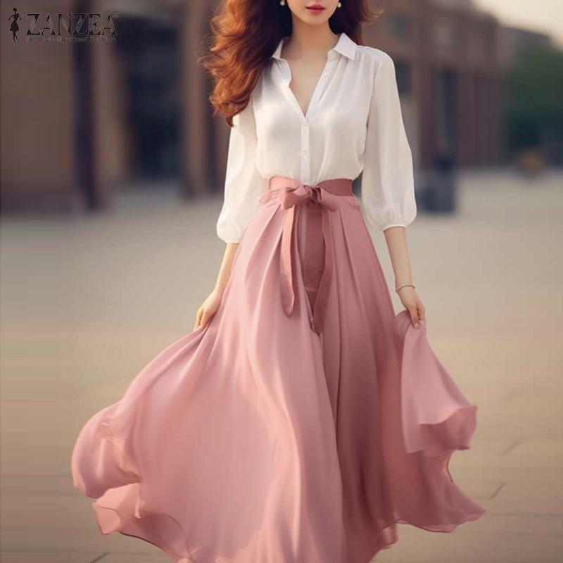 ZANZEA Women Vintage V-Neck 3/4 Sleeve Belt Waist A-Line Dresses