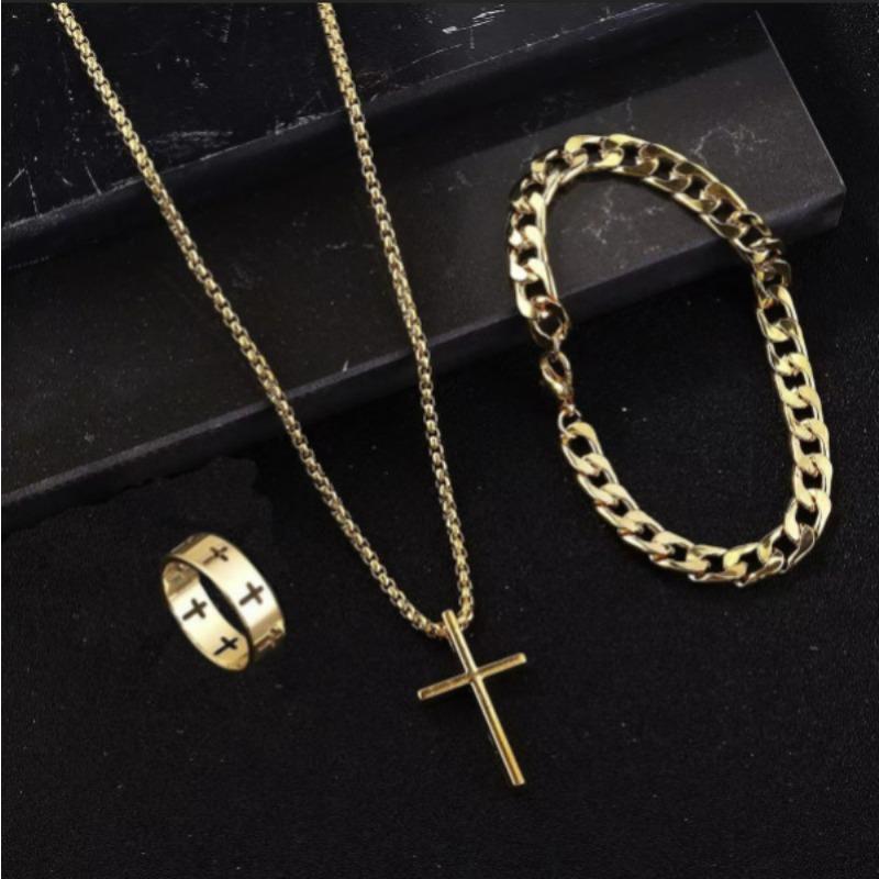 Cross Jewelry Chain Ring Bracelet Necklace 3 Sets