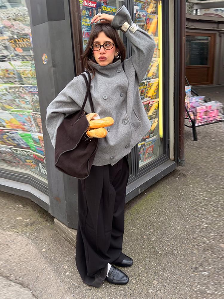 Однотонное двубортное короткое пальто с воротником-стойкой 2025 года - с длинным рукавом, Осень/Зима