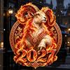 Russian New Year Party Supplies 2027 Flame Goat Static Glass Sticker, PVC Ram Window Cling for Home and Store Decoration, Removable Decor Red