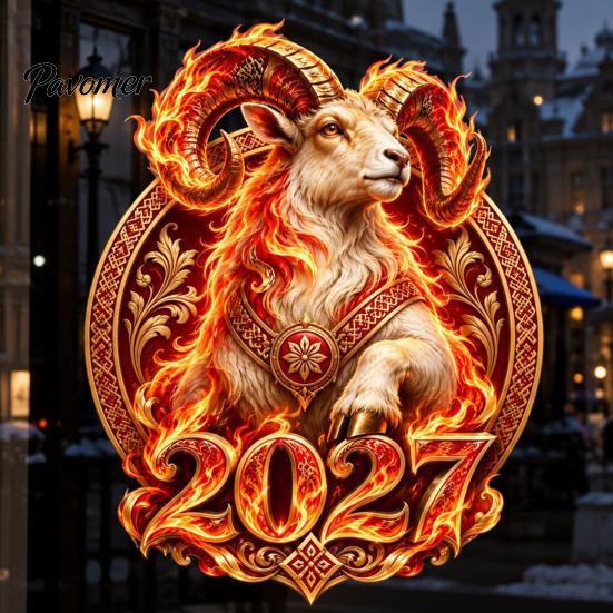 Russian New Year Party Supplies 2027 Flame Goat Static Glass Sticker, PVC Ram Window Cling for Home and Store Decoration, Removable Decor Red