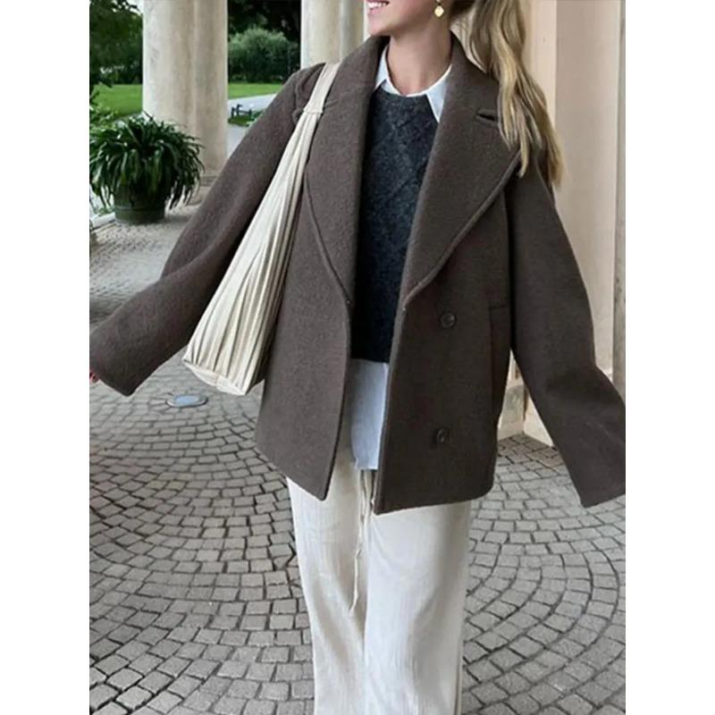 Women's Woolen Coat Thick Lapel Long Sleeve Jackets Oversize Casual Coats Elegant Lady Office Outerwear Autumn Winter
