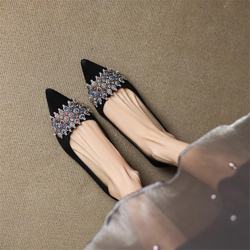 Fashion New Spring/Autumn Genuine Leather Women Shoes Pointed Toe Shoes for Women Fashion Rhinestone Loafers Shallow Mouth Women Pumps