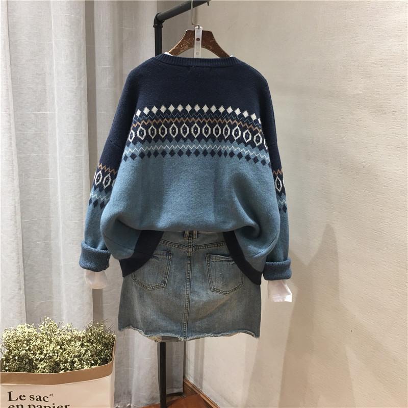 Весна Осень Винтаж Жаккард Круглый Вырез Вязаный Кардиган Женский Дикий Плюс Размер Свитер Пальто