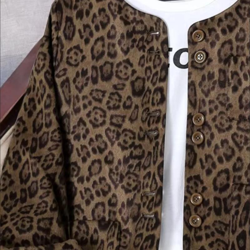 Leopard Print Short Jacket Women's Spring and Autumn Coat Leopard Print Spliced Outerwear