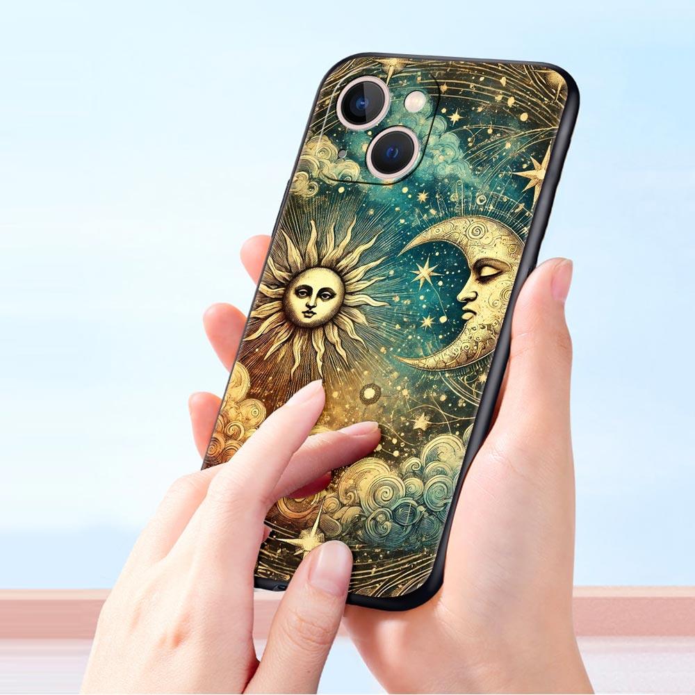 Чехол для телефона 'Луна Солнце' для iPhone 17 16 15 Pro Max 11 12 13 14 7 8 Plus SE 2020 X XR XS Мягкий Черный