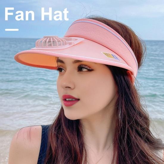 Women Summer Hat with 3 Gear Adjustment Headband Fan Empty Top USB Charging Anti-UV Wide Brim Windproof Rope Sun Protection Travel Sun Cap Gardening