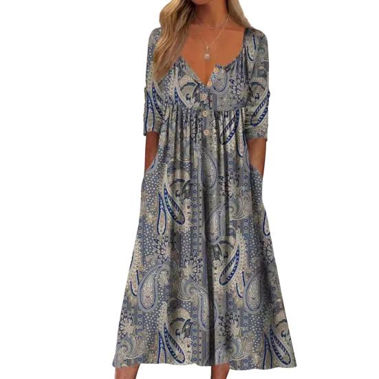 Summer Women Dress A-line Loose Hem Pleated O Neck Button Short Sleeve Loose Side Pockets Retro Floral Print Mid-calf Length Commute Beach Midi Dress
