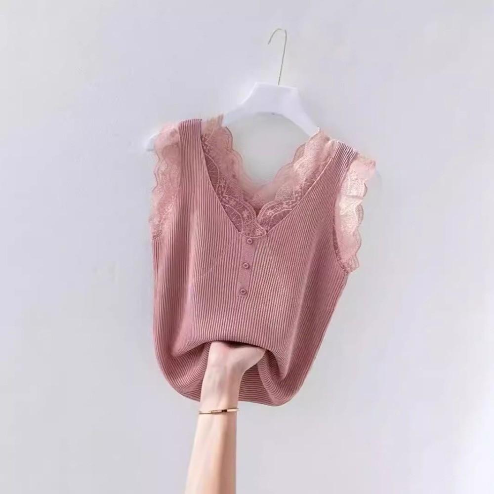 V-Neck Lace Strap Vest Sleeveless Knitted Vest Trend Slimming Base Top for Women
