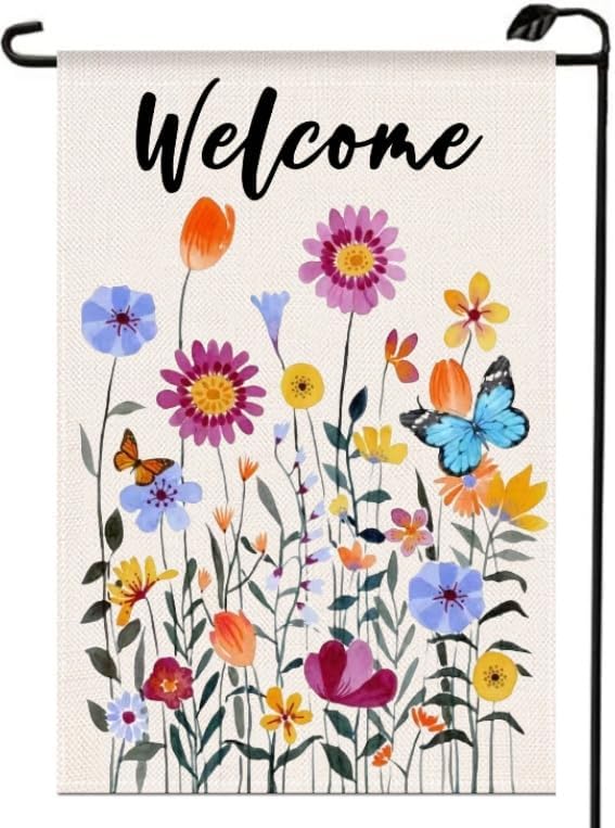 Welcome oral Spring Summer Garden ag 12x18 Inch Vertical Double Sided Colorful owers Farmhouse Outdoor Lake House Deco LLO