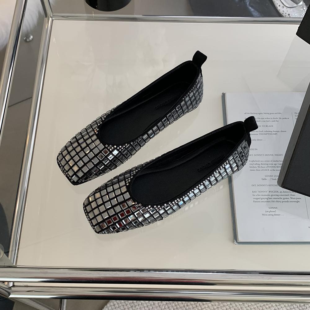 Модные женские туфли-лоферы с круглым носком, цепочкой из кристаллов и страз, 2024, новые поступления, модные черные, серые, розовые, балетки для танцев на открытом воздухе, Janes