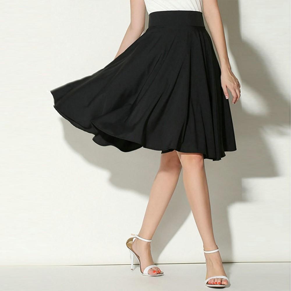 Women Solid Flared Retro Casual Knee Length Pleated Midi Work Skirt
