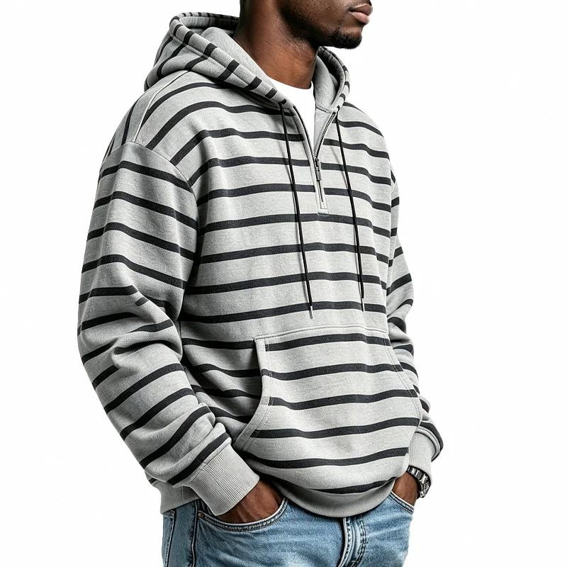 Men S Striped Half Zip Hoodie Long Sleeve Casual Loose Fit Kangaroo Pocket Sweatshirt