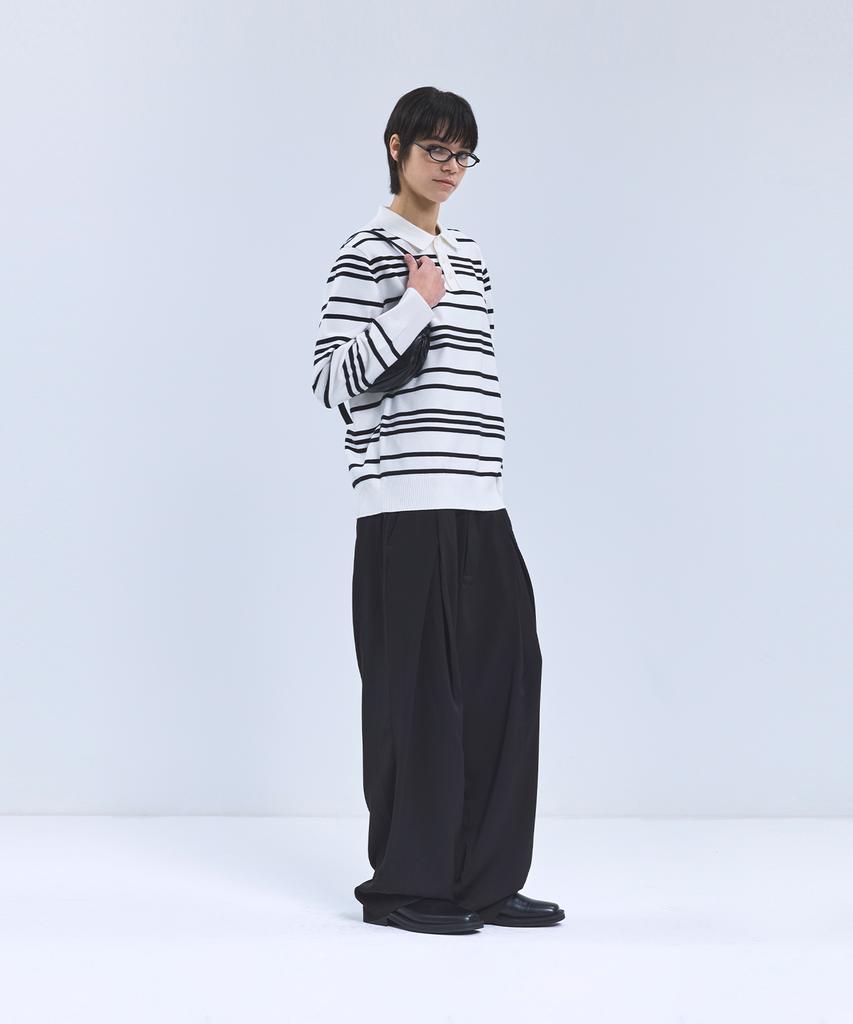 IRONYPORNO WHITELINE 86-Iroj358 Collared Neck Small Striped Long Sleeve Knit White