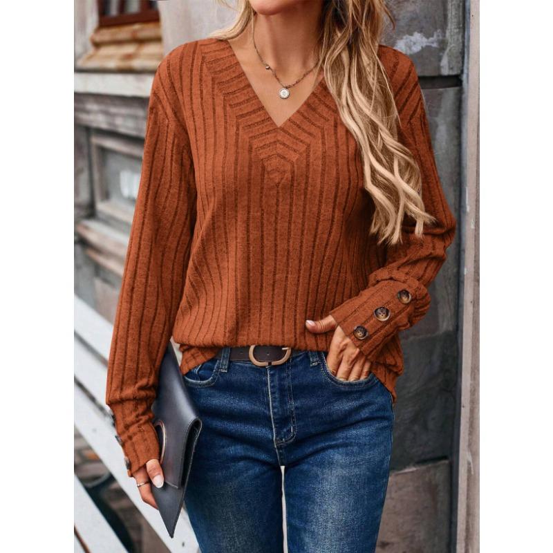 Women's Autumn Winter Long Sleeved V-neck Shirt with Solid Color Buttons T-Shirts Women’s
