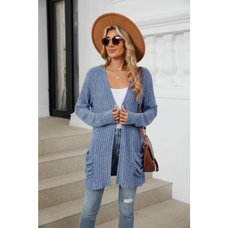 Осенне-зимняя женская блузка, однотонный кардиган с карманами и длинными рукавами, трикотаж