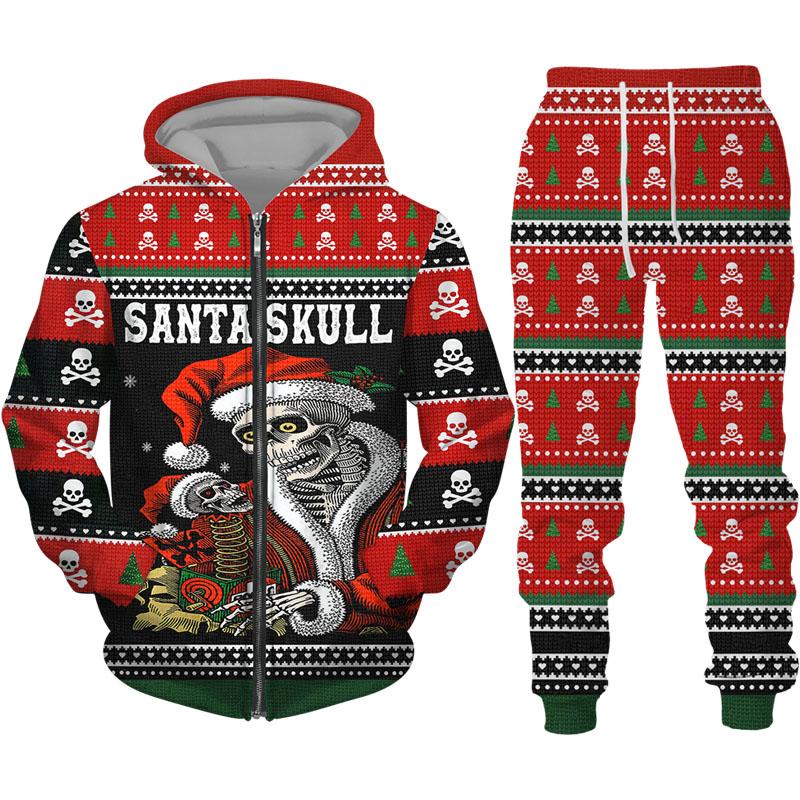 Модные рождественские мужские толстовки с принтом черепа на молнии/брюки/комплект, тонкая куртка с капюшоном с узором, костюм для пары, уличная одежда