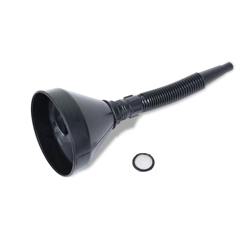 Black Car Extension with Safety Handle Nozzle Funnel Engine Oil Gasoline Strainer Plastic Rubber Funnel Refueling Tools