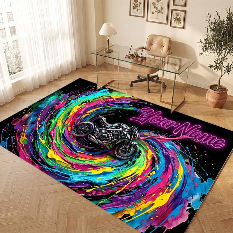 Motorcycle Biker Theme Soft Crystal Velvet Rug Custom Name & Text Print Non Slip Floor Rug for Bedroom Living Room