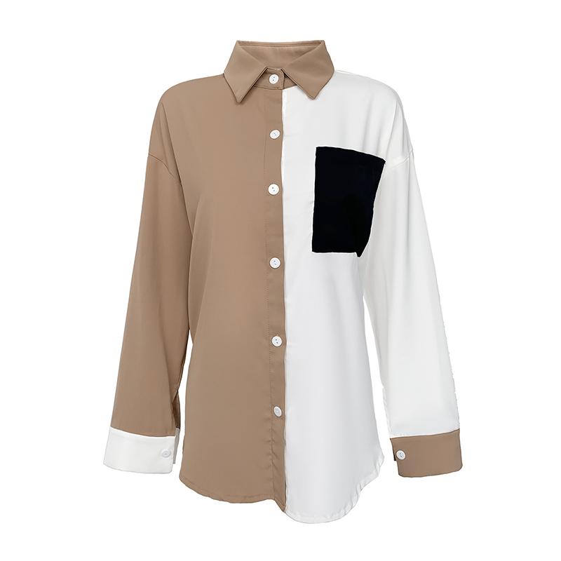 Long Sleeve Elegant Shirt Blouse White Black Button Vintage Turn Down Collar Office Ladies Shirt Casual Color Block Shirts
