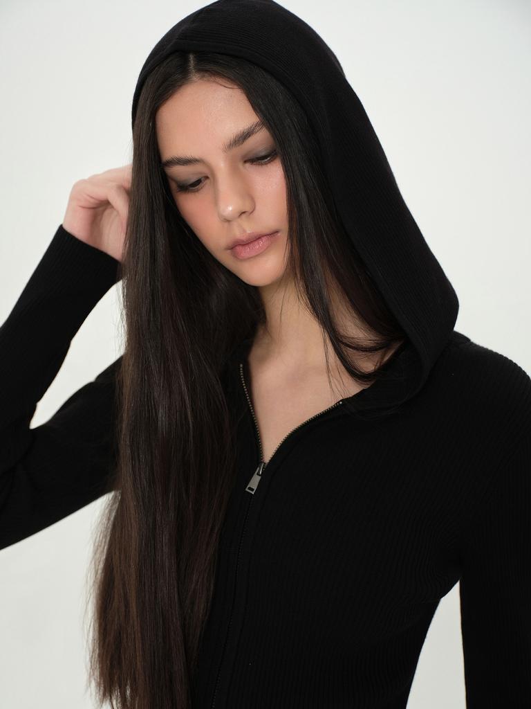 MUSINSA STANDARD WOMAN Женский приталенный вязаный кардиган с капюшоном в рубчик на молнии [Черный]