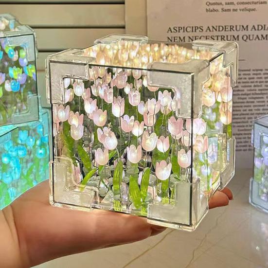Лампа-куб в виде тюльпанов ручной работы, мягкое свечение, простая установка, романтический цветок тюльпана, ночник, украшение для рабочего стола