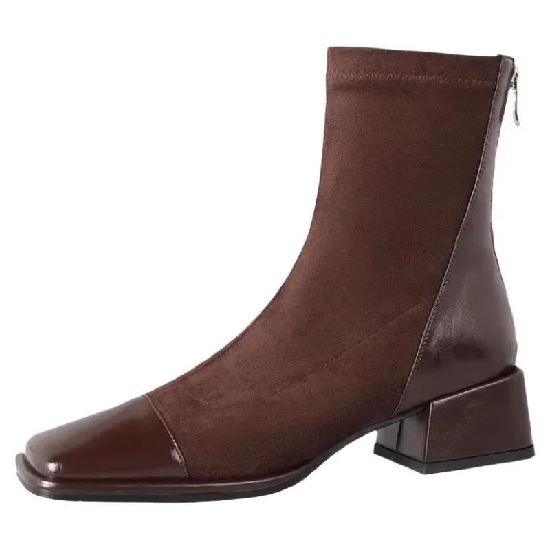 Модные женские туфли с квадратным носком и толстым каблуком, короткие сапоги, новые осенне-зимние лаконичные эластичные узкие туфли на высоком каблуке Zapatos De Mujer