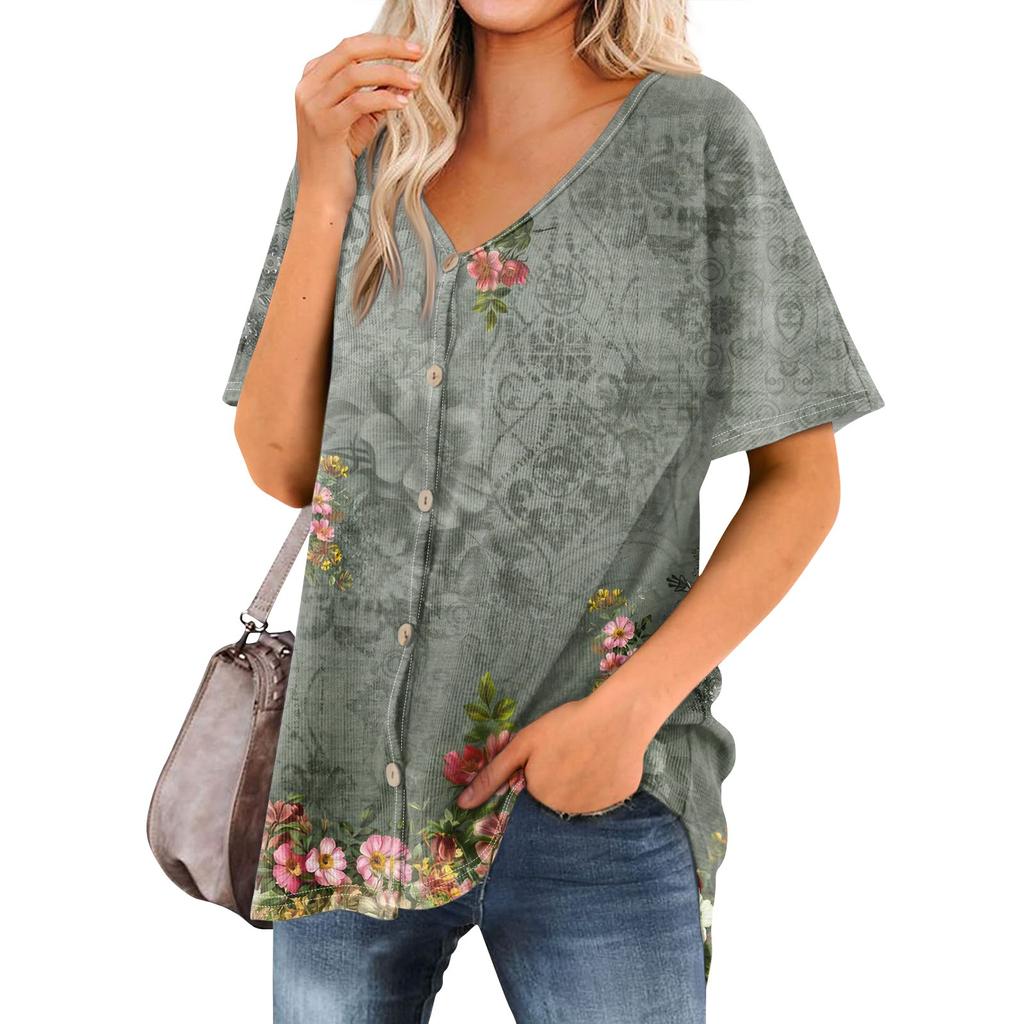 Women's T Shirt Tee Printed Women's Shirts V Neck Short Sleeve Button Up Tunic Tops Blouse