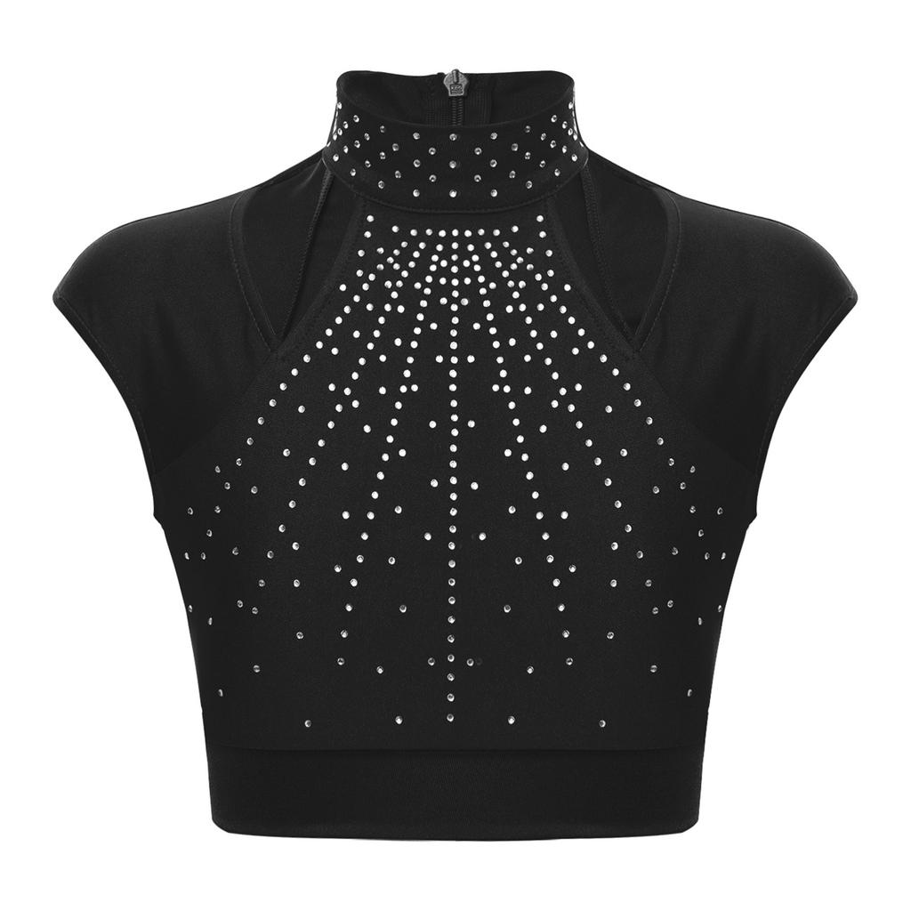 Girls Sleeveless Crop Top Shiny Rhinestones Cutout Design for Figure Skating Dance Gymnastics Performance Wear