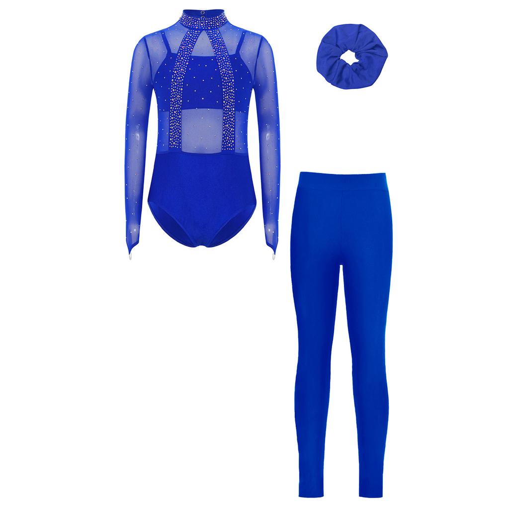Детский гимнастический купальник для девочек с блестящими стразами и сетчатым лифом: Водолазка с длинным рукавом, вырезом на спине, в комплекте с соответствующей майкой, леггинсами и повязкой на голову