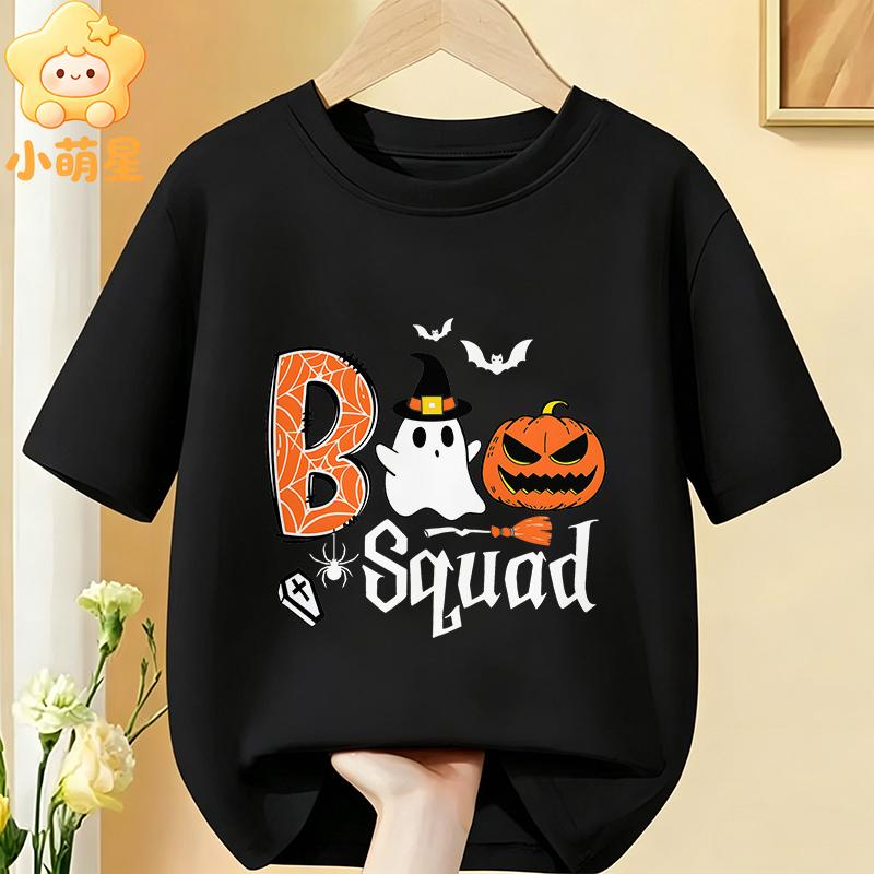Funny Boo Squad Letter Children T‑shirt Halloween Ghost Pumpkin Spider Print Soft Cotton Short‑sleeve Boys Girls Casual Tees