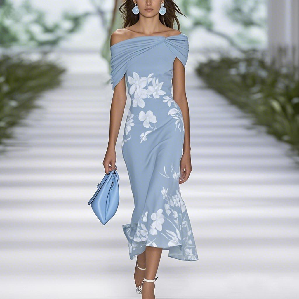 DAFIFY Women's Fashion Summer Spring Flower Pattern Print Short Sleeve One Shoulder High Waist Casual Dresses