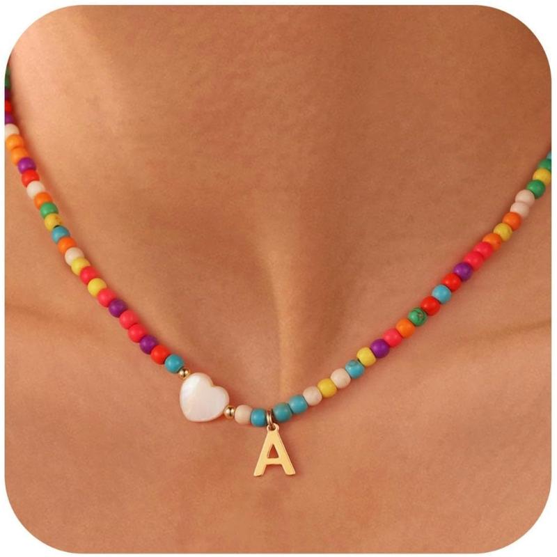 Ожерелье с буквой в пляжном стиле ручной работы для женщин, нежные чокеры с бирюзовыми бусинами, ювелирные изделия с акцентами из ракушек