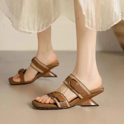 Мода 2024 года, модные туфли на высоком каблуке в странном стиле, женские тапочки с пряжками и ремешками, летняя обувь, открытый носок, бежевый, абрикосовый, дропшиппинг