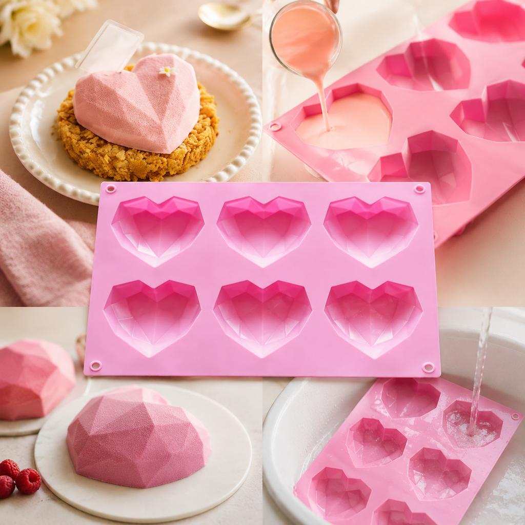 Silicone Mold, Pink 6-Cavity Diamond Heart Shape for Mousse Cake, Mirror Glaze Desserts, DIY Baking and Pastry Decorating