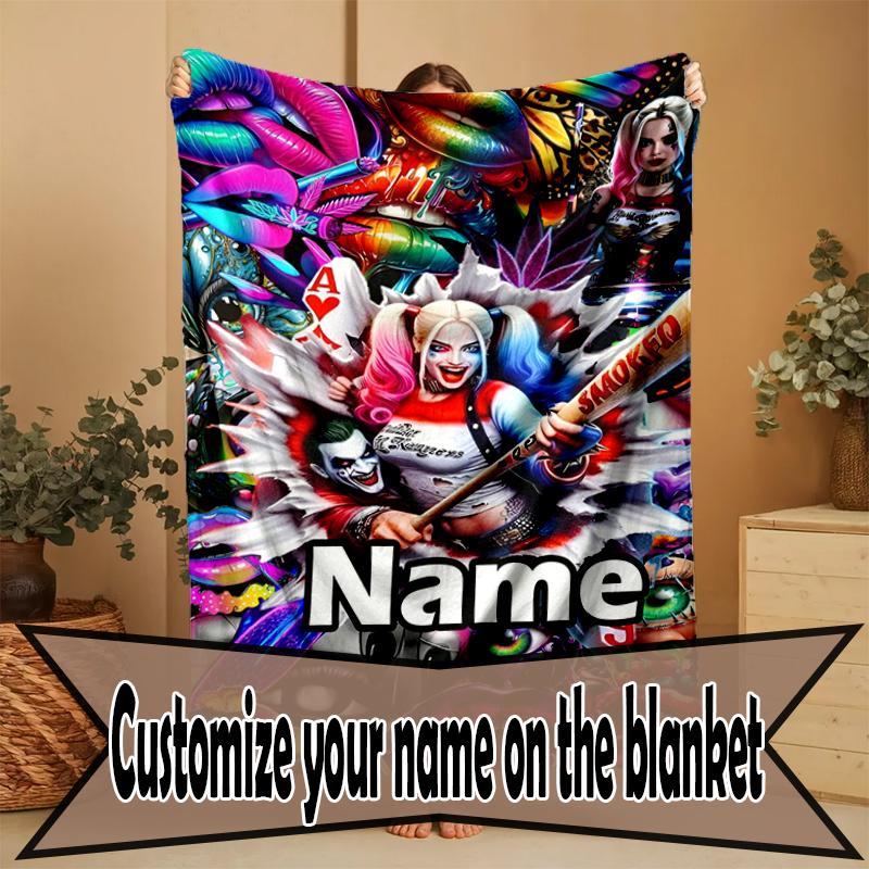 Custom Name Personalized Harley Quinn Joker Print Blanket, Home Decor, Bedroom, Sofa, Camping, Couch, Gifts for Birthday Christmas