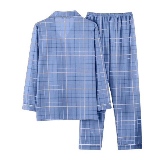 Комплект мужской пижамы из 2 предметов: топы с лацканами и длинными рукавами на пуговицах, эластичные брюки, комплект для сна с клетчатым принтом