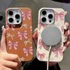 Милый розовый чехол с бантом для iPhone 16 Pro Max Coque для iPhone 15 14 13 Pro Max 16e Магнитный чехол-накладка из силикона с текстурой кожи