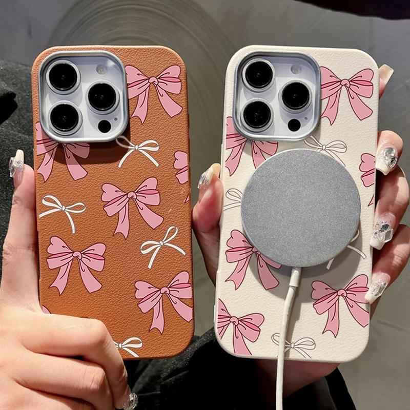 Милый розовый чехол с бантом для iPhone 16 Pro Max Coque для iPhone 15 14 13 Pro Max 16e Магнитный чехол-накладка из силикона с текстурой кожи