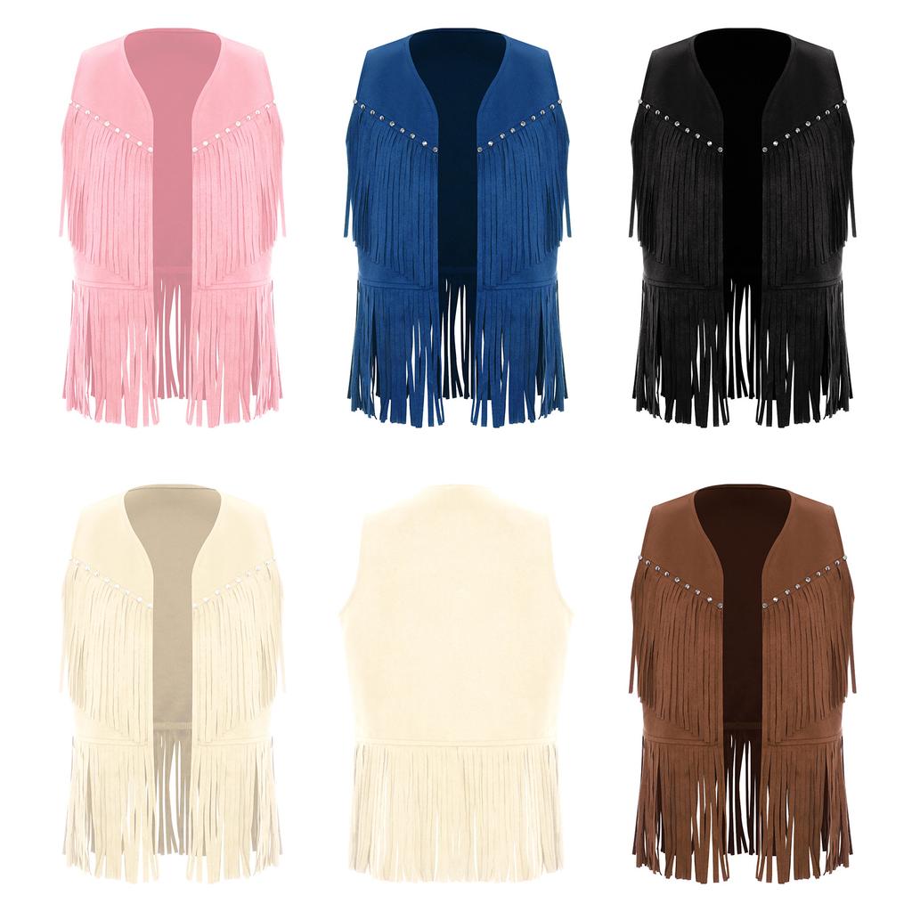 Детский ковбойский жилет унисекс, жилет с открытой передней частью, декоративные заклепки на груди, дизайн с кисточками, бахрома по подолу, костюм для западной вечеринки