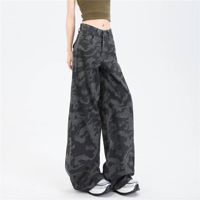 Women's American-Style High Waist Camouflage Wide-Leg Denim Trousers - Summer 2025 Casual Wear