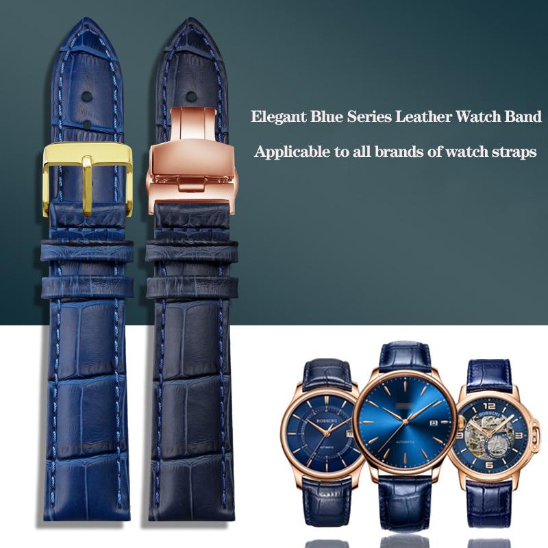 Watchband Blue Black Cowhide Leather Strap Butterfly Buckle Fits All Brands Of Watches Men Women 121415161819202223mm
