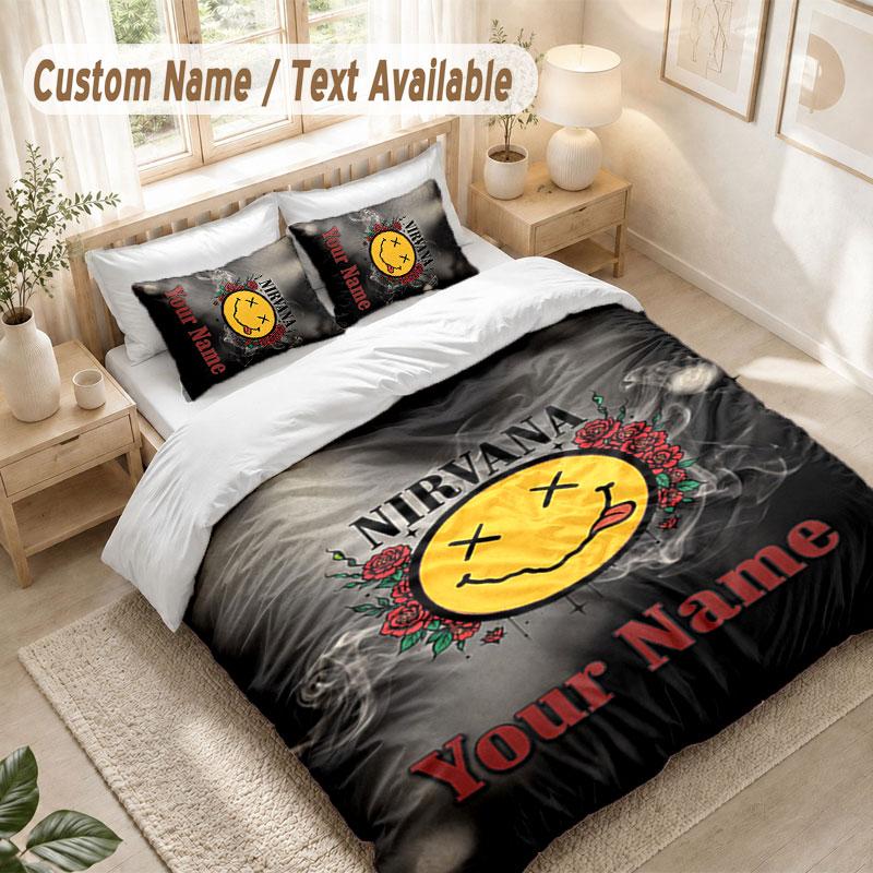 Custom Name Bedding Set 3 PiecesNirvana Print Duvet Cover + 2 Pillowcases Soft Bed Decor