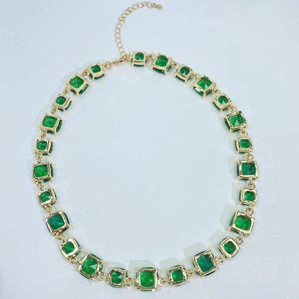 Square Emerald Zircon Necklace Earrings Set Elegant Temperament Fashion Necklace Jewelry