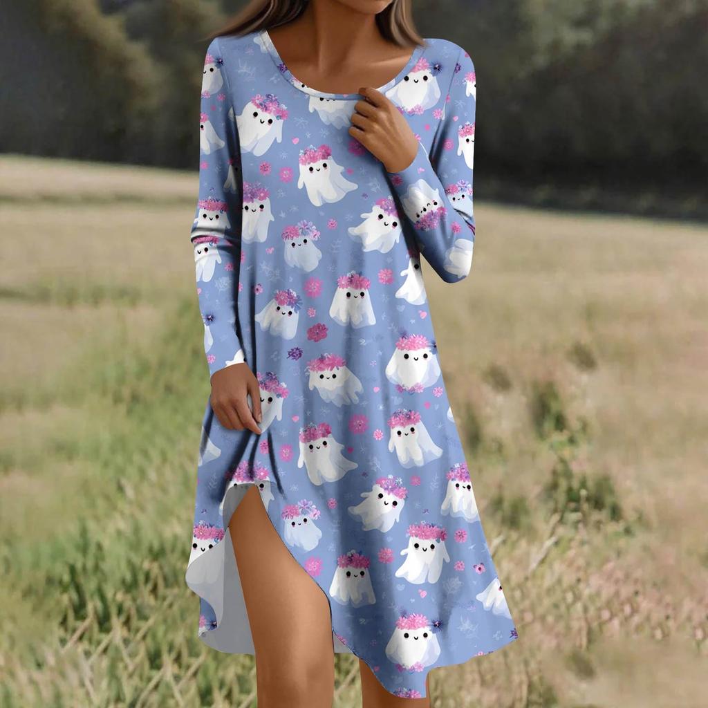 Long Sleeve Dress For Women Casual Loose Fit Print Dress With Pockets