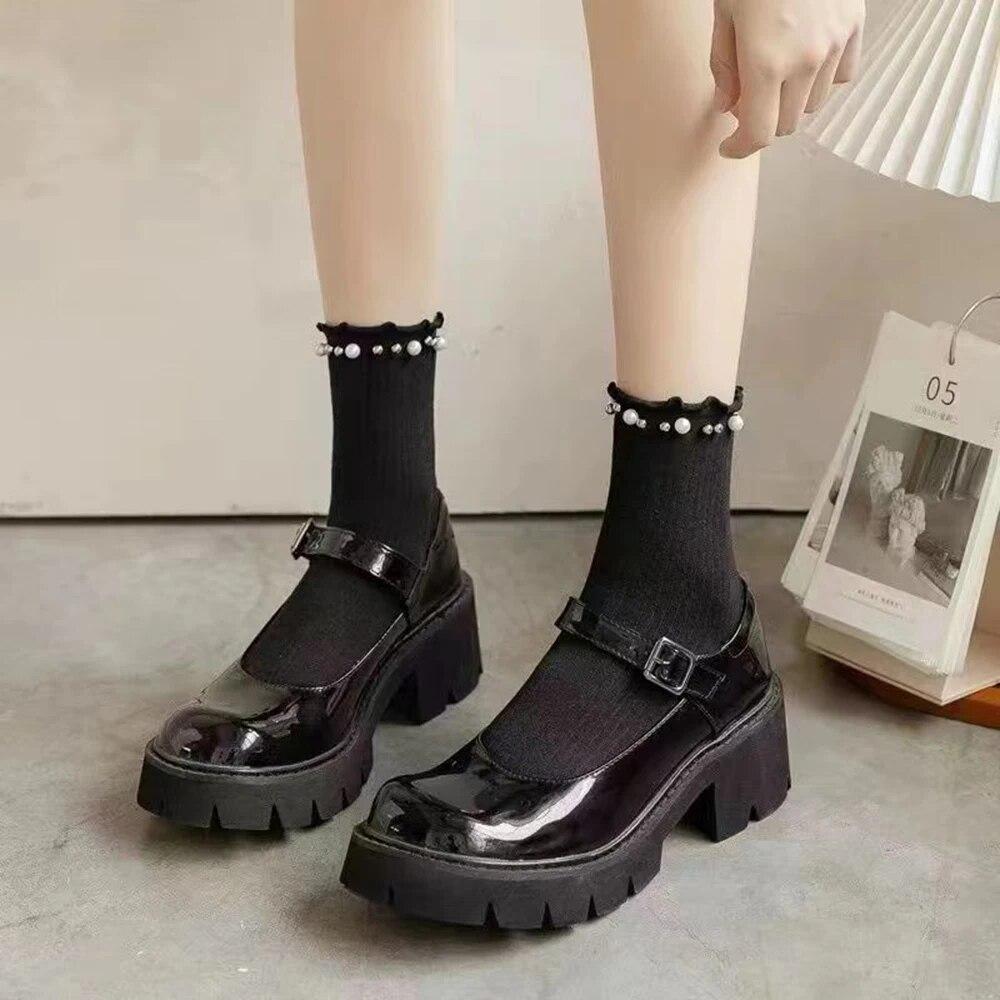 1 пара женских носков средней длины с жемчужной отделкой, модные плиссированные носки с отворотом, кружевные носки в стиле Лолиты Jk, универсальные хлопковые носки для девочек