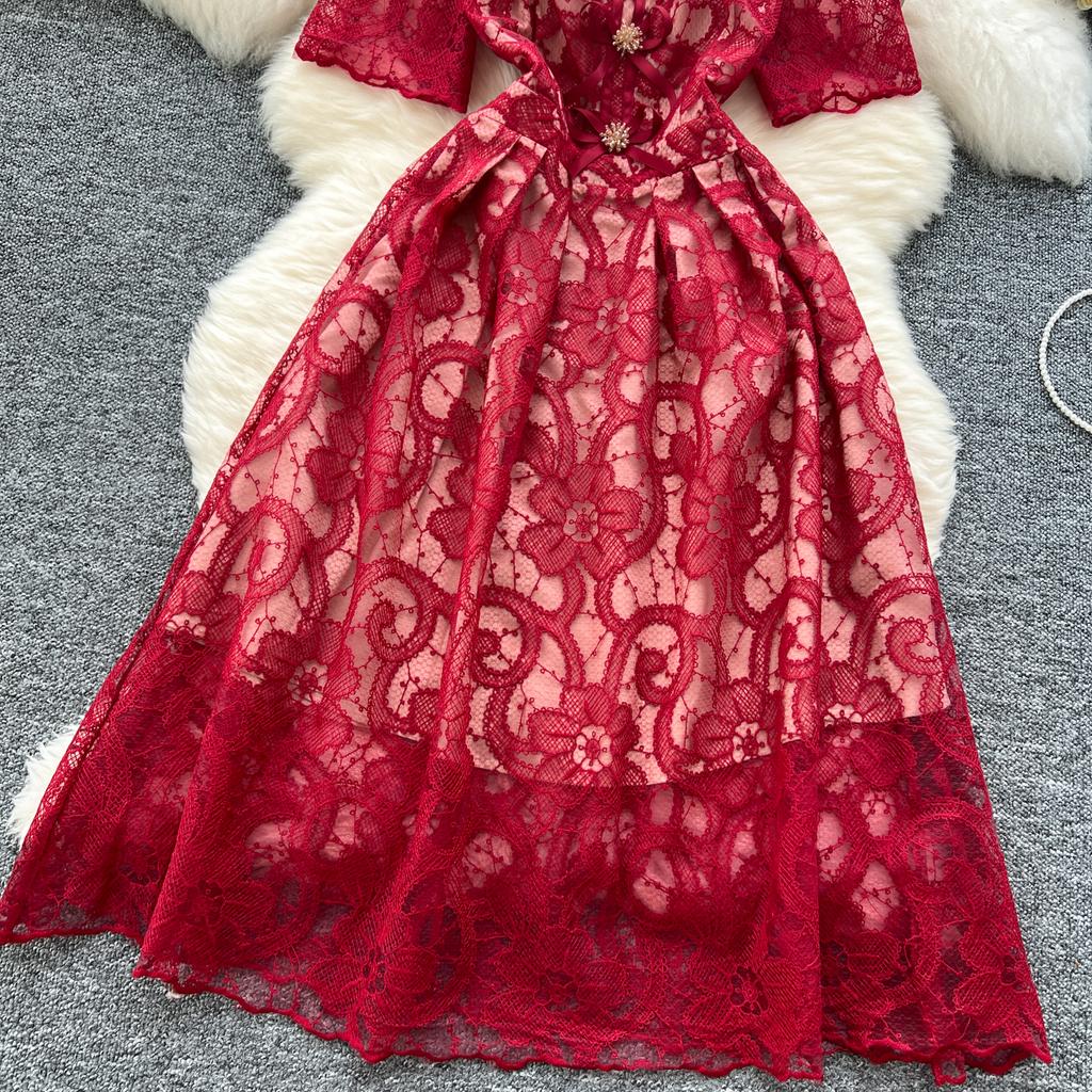 Летние женские элегантные платья с круглым вырезом и коротким рукавом, кружевные вышитые цветочные вечерние платья