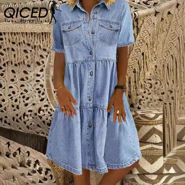 QICED Весна Осень Лацкан Короткий Рукав Чтобы Сделать Старое Джинсовое Платье МИДИ