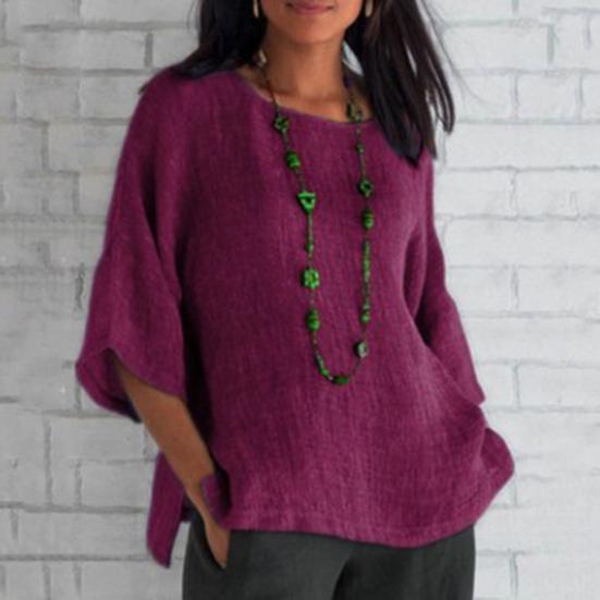 Women Blouse Solid Color Side Split Summer Crew Neck Loose-fitting Shirt Streetwear