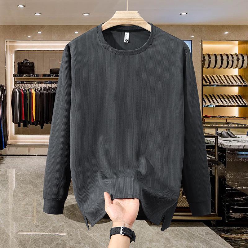 Мужская футболка-худи с длинным рукавом и флисовой подкладкой - Однотонная, с круглым вырезом, Большого размера, для Весны и Осени